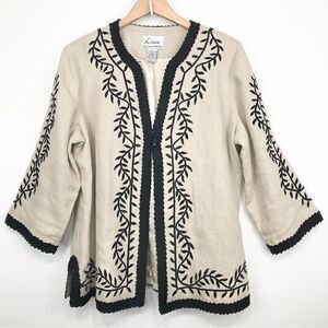 Linea Louis Dell’Olio Tan Linen Black Leaf Embroidered Pleat Trim Blazer Jacket